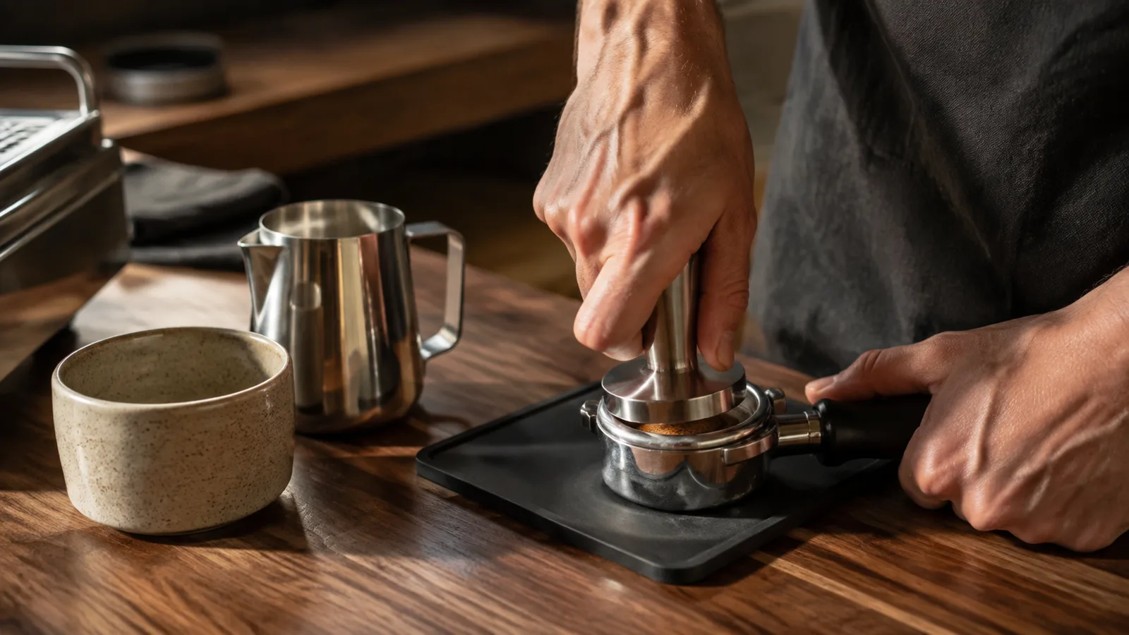 Préparation d’un porte-filtre avec un tamper