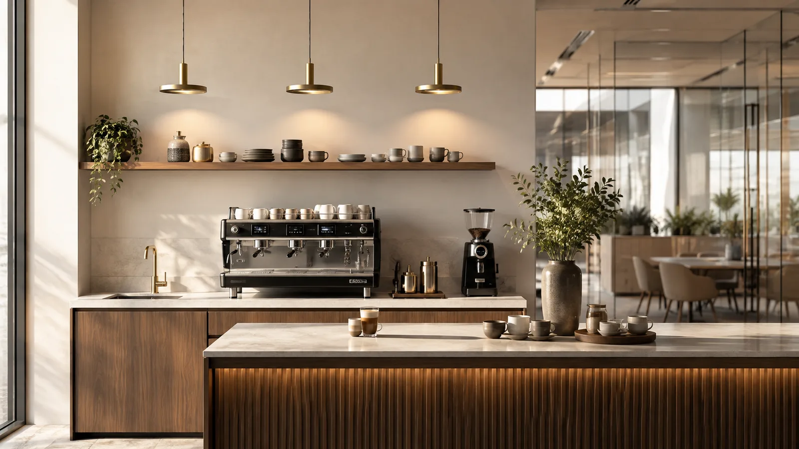 Espace café professionnel lumineux avec machine à espresso