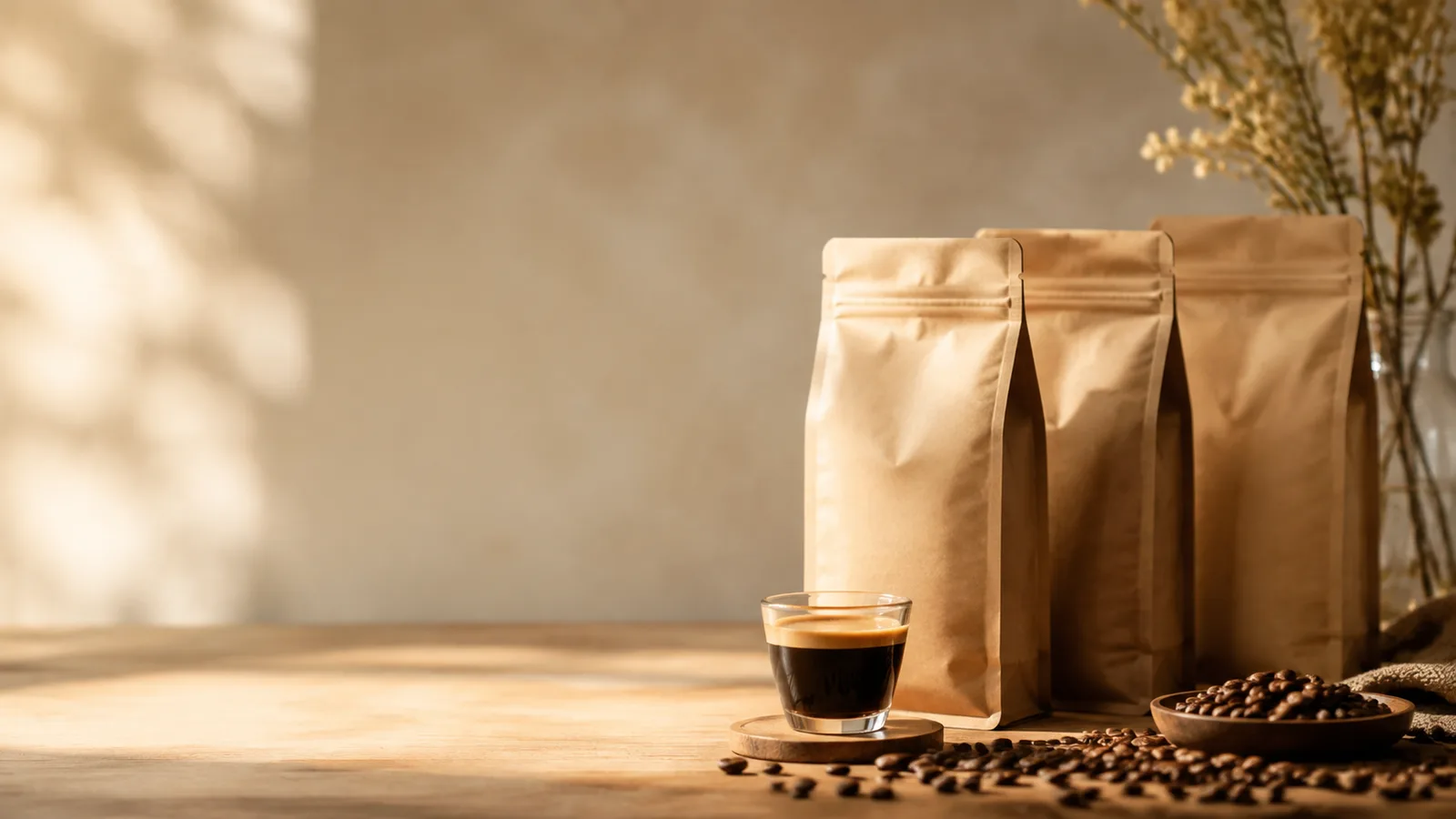 Sachets de café neutres et espresso dans une lumière du matin