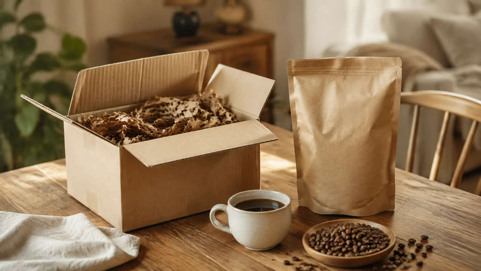Colis de café neutre ouvert sur une table à la maison