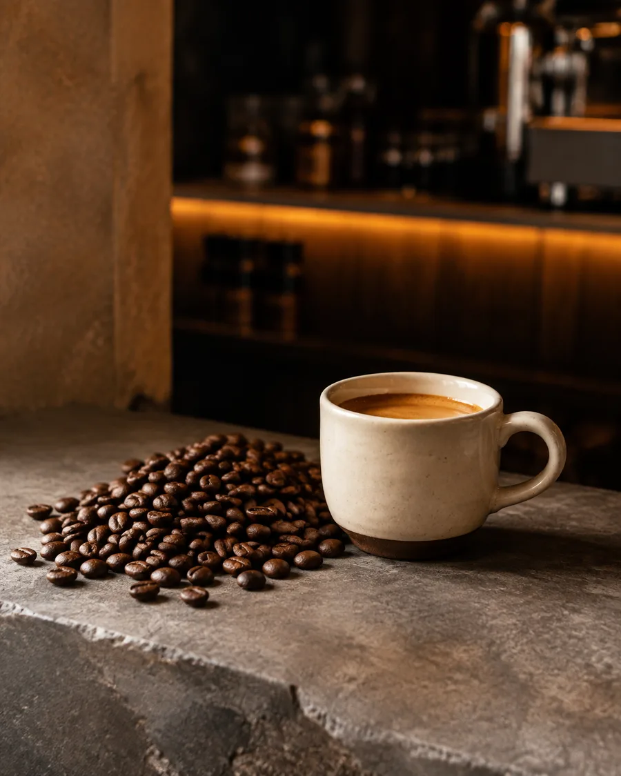 Tasse de café et grains fraîchement torréfiés