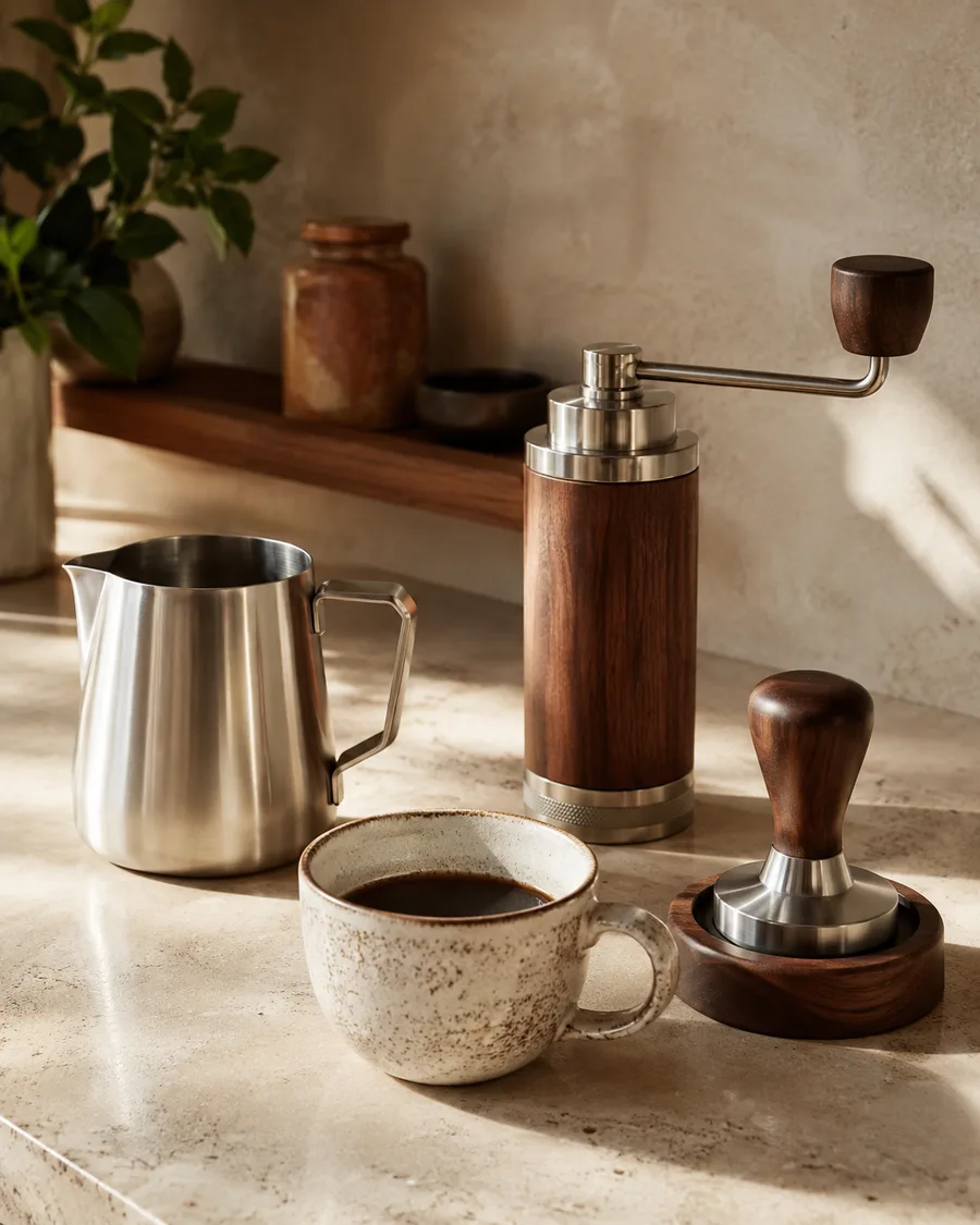 Accessoires barista en acier et bois
