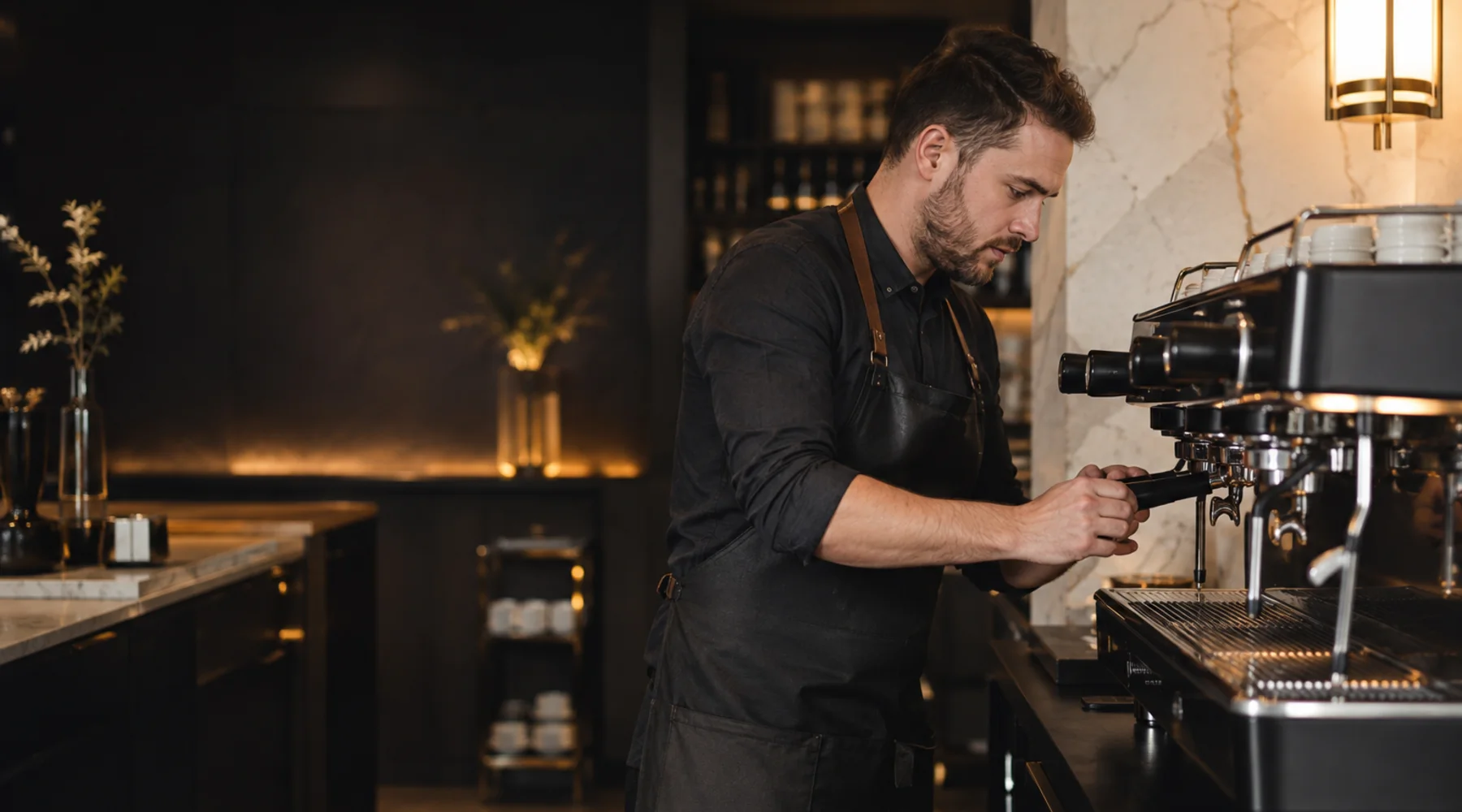Professionnel réglant une machine à espresso