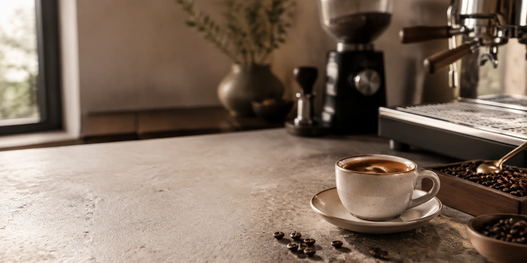 Tasse d’espresso, moulin et machine dans un espace café contemporain